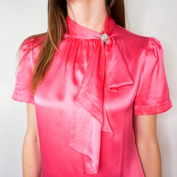 MILLY Silk Pink Rhinestone Bow Blouse - Picture 6 of 7
